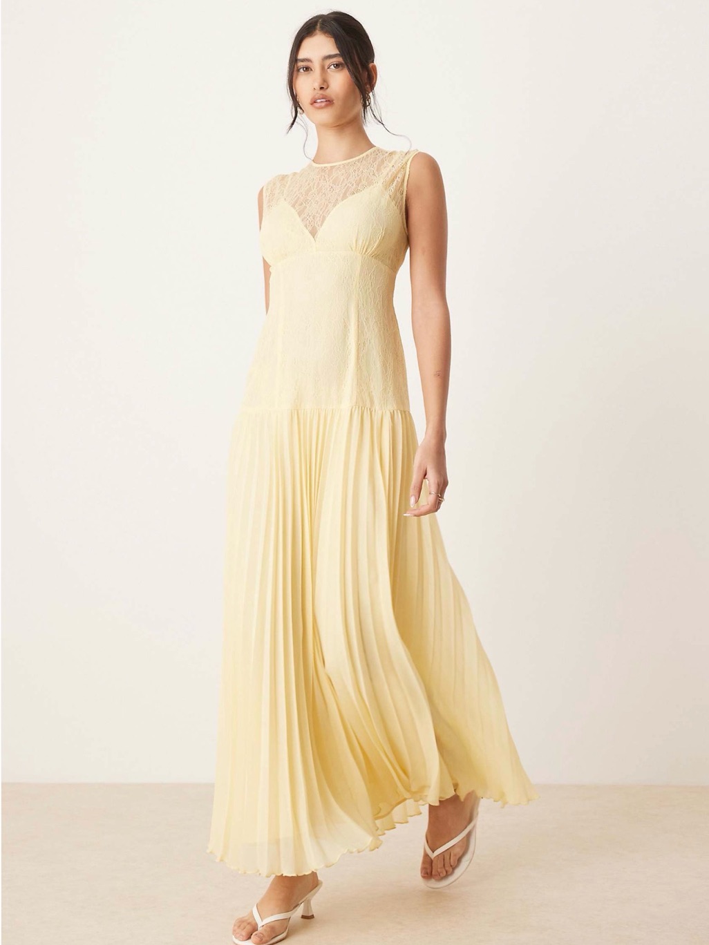 Asos | Sleeveless Lace-Yoke Pleated Maxi Dress In Pale Yellow